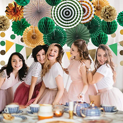 Image of Green and Gold Party Decorations 23Pcs Paper Fans Pom Poms Lemon Garland