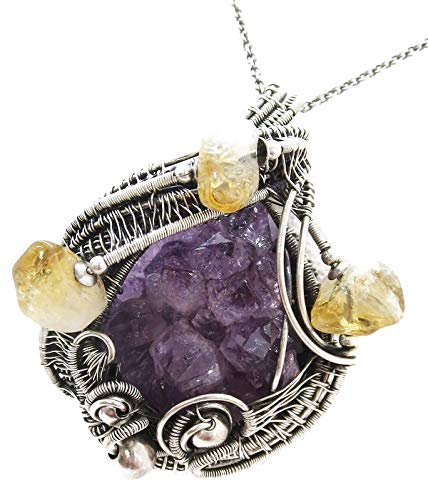 Miniatura 3 de Amethyst Stalactite Tip Druzy Wire-Wrapped Pendant Necklace in Sterling Silver with Citrine