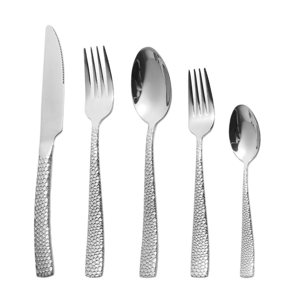 OLSKFUH Cutlery Flatware Cutlery Set, 5/20/30/40 Pieces Square Handle Hammered Stainless Steel Tableware Knives, Forks And Spoons Steak Knives, Forks And Spoons,Silver-6Set-30Pcs