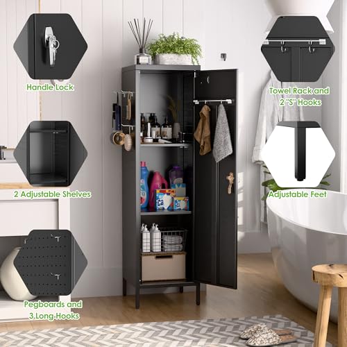 Image of SUPEER Metal Locker Cabinet with Lock, Pegboards, Hooks and Hanging Rod | 15 inchW x 15 inchD x 54.45 inchH steel locker with 2 pegboards, 5 hooks, an interior hanging rod and required assembly.
