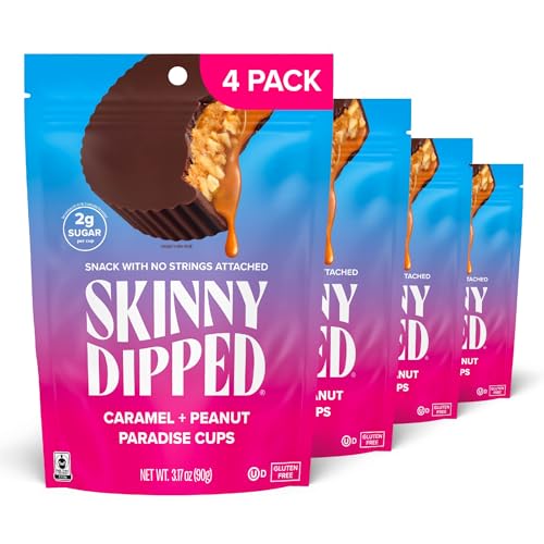 Image of SkinnyDipped Caramel Peanut Paradise Cups, 3.2oz Bags | 4 Pack | Rich Dark Chocolate, Creamy Peanut Butter & Caramel Filled | Individually Wrapped | Low Sugar | Gluten Free