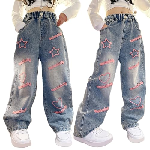 Tween Girls Elastic Waistband Jeans, Letter Graphic Embroidery Denim Pants, Loose Wide Leg Jeans with Five Pockets