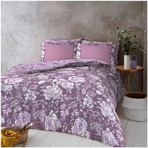 Botanical Floral Kingsize Duvet Cover Set With Matching Pillowcases, 4 Pcs Printed Floral Leaf Complete Bedding Set, Pink