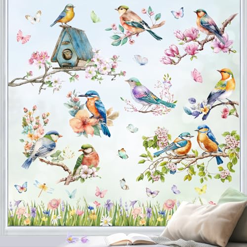 AFXXE Stickers Fenetre Printemps Autocollant, Stickers Anti Collision Oiseaux Electrostatique Grande, Autocollants Décoratifs Fleurs, Sticker Fenetre Enfant...