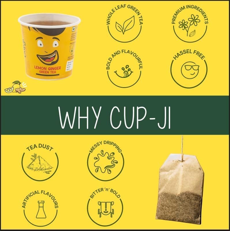 Image of Cup-Ji Lemon Ginger Green Tea | Rich in Vitamin C, Boosts Metabolism with Ginger & Mint | Non-Bitter, Tasty Whole Leaf Green Tea | Support Hair & Skin |10 Cups with Each Cup Size 210 ml | Pack of 2