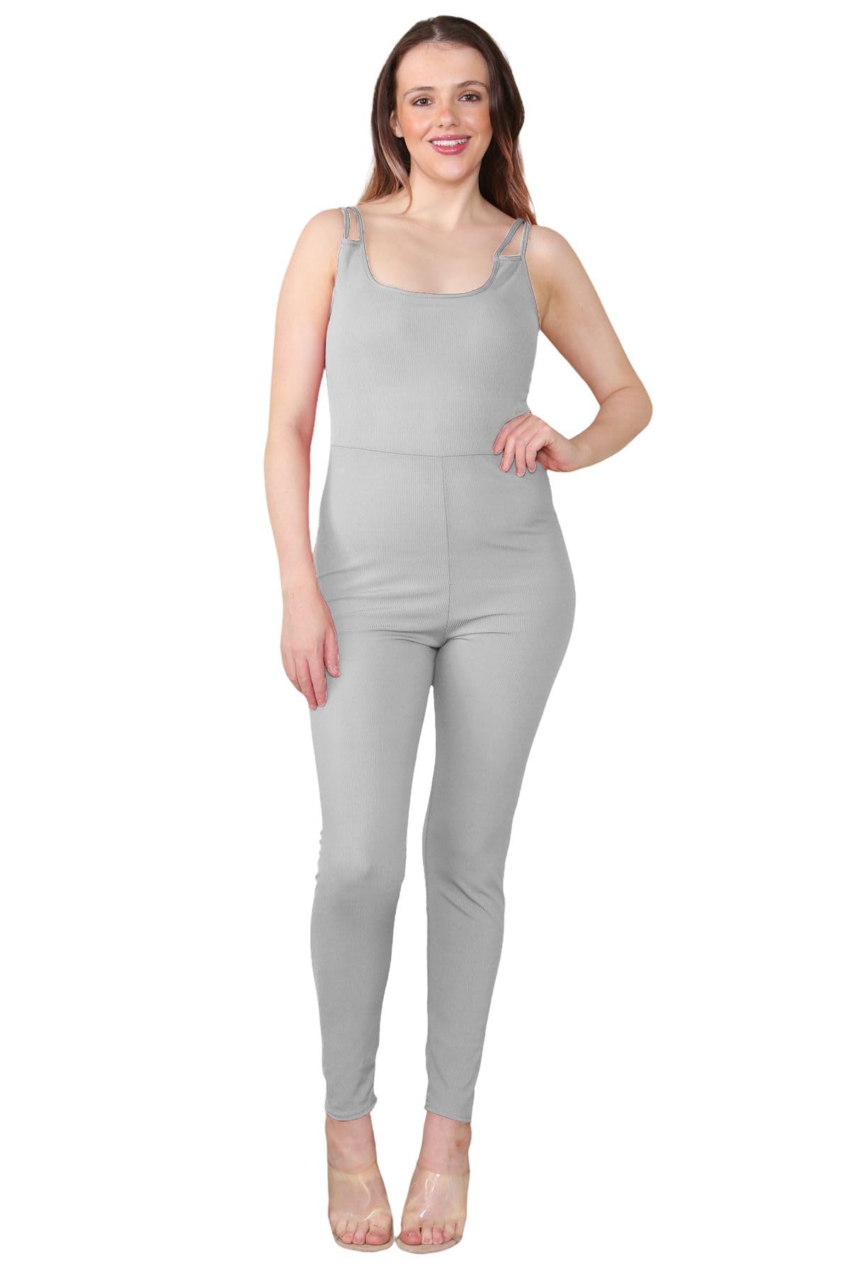 Hamishkane Women's Grey Double Straps Ribbed Cami Jumpsuit All In One Unitard Skinny Romper Playsuit