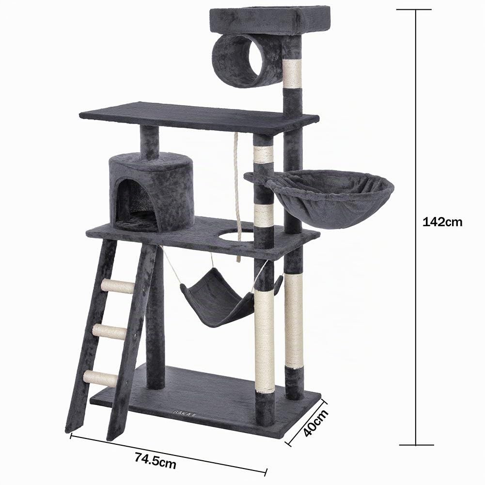Bakaji Albero Tiragraffi per Gatti in Sisal e Peluche Parco Giochi Gatto con Cuccia Sospesa Nascondigli Pali Graffiatoio e Piattaforme Dimensioni 142 x 74,5 x 40 cm (Grigio)