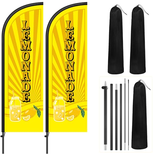 Image of Remagr 2 Pack Lemonade Feather Flag 7 ft Advertising Swooper Flag Sign Windless Lemonade Banner with Pole Kit and Ground Stake for Businesses Restaurants Outside Ground(Yellow)