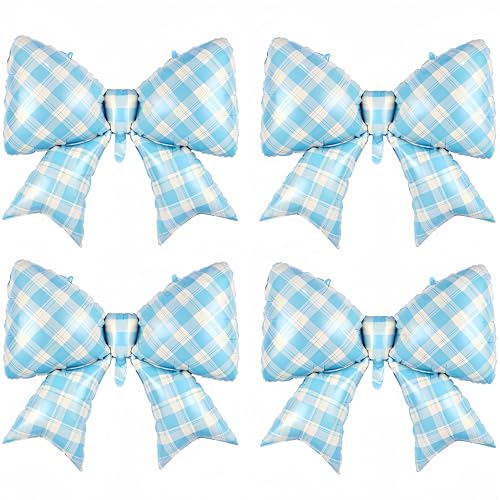 4Pcs Blue Plaid Bow Balloons 38'/Gingham Bowknot Foil Balloons for One Silly Goose Decor for Boy Baby Shower, Kawaii Sweet Party Decorations/Checkered coquette Balloons for Ballet Themes