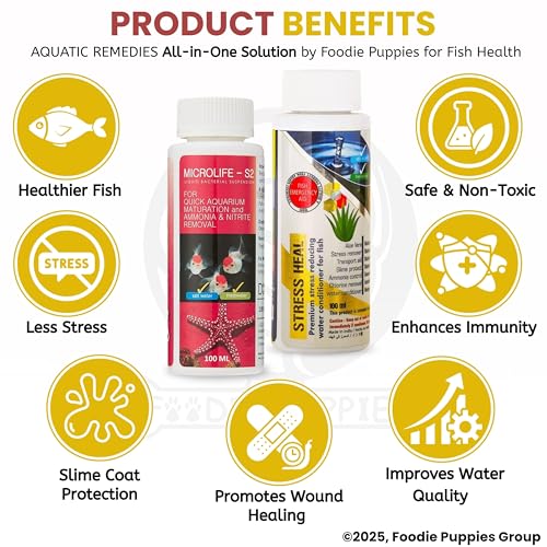 Image of Foodie Puppies Aquatic Remedies 2-in-1 Aquarium Medicine Combo - (Microlife S2 + Stress Heal, 100ml Each) | Anti-Bacterial Effective Fish Skin Treatment for Fresh Water