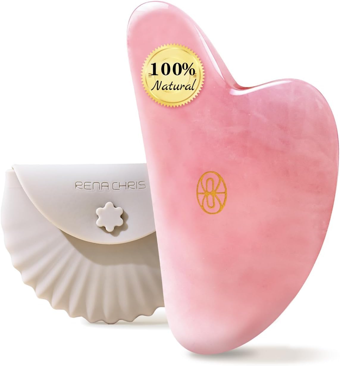 Rena Chris Gua Sha Facial Tools, Ergonomic Rose Quartz Guasha Tool for Face Massage, Manual Facial Massager Tool For Jawline Sculpting and Puffiness Reduction with Silicone Case (Pink)