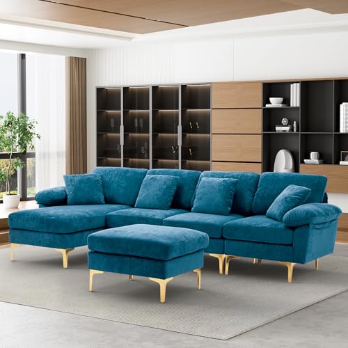 Image of OUYESSIR U-Shaped Sectional Sofa Couch, 4 Seat Sofa Set for Living Room, Convertible L-Shaped Velvet Couch Set with Chaise Lounge, Ottoman and Pillows,114 inches (Teal Blue)