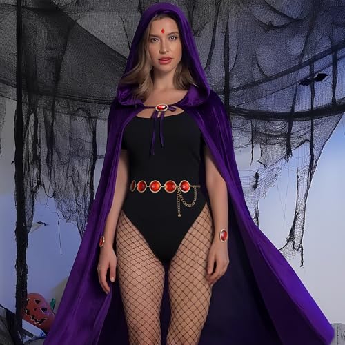 Image of Womens Halloween Cosplay Costume, Purple Hooded Cape with Red Gemstone Waist Belt, Costumes Props Set for Anime Figures