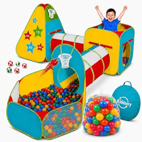 5pc Kids Play Tent for Toddlers with Ball Pit, Crawl Tunnel, Indoor & Outdoor Playhouse, Jungle Gym, Toys for Boys & Girls, Includes Dart Balls, Teepee & Basketball Hoops, (with 50 Balls)