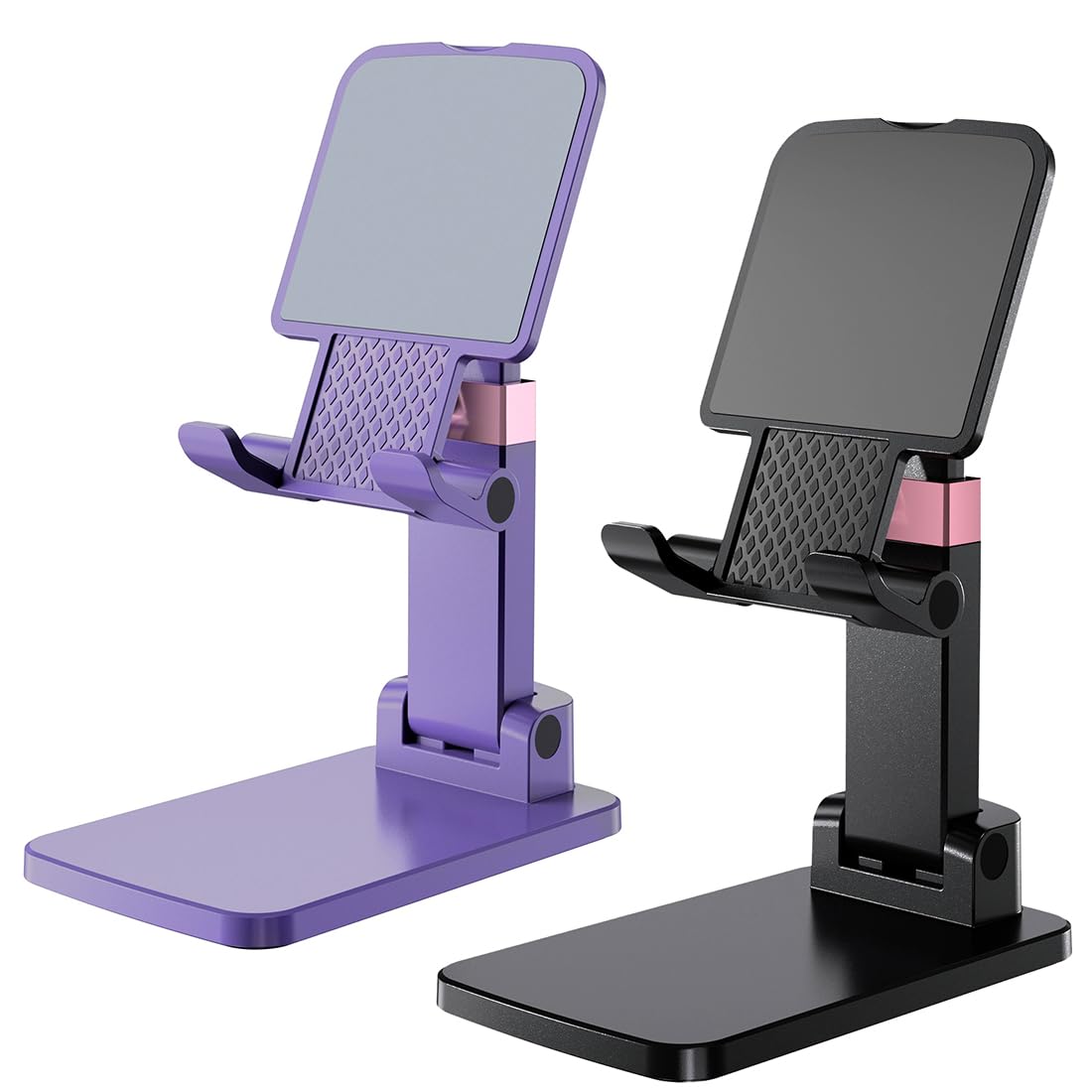 Phone Holder for Desk Cell Phone Holder Height Angle Adjustable Stands, Anti-Slip Base, Compact Design for iPhone Android Devices,Black,2Pack 06-Black&Purple
