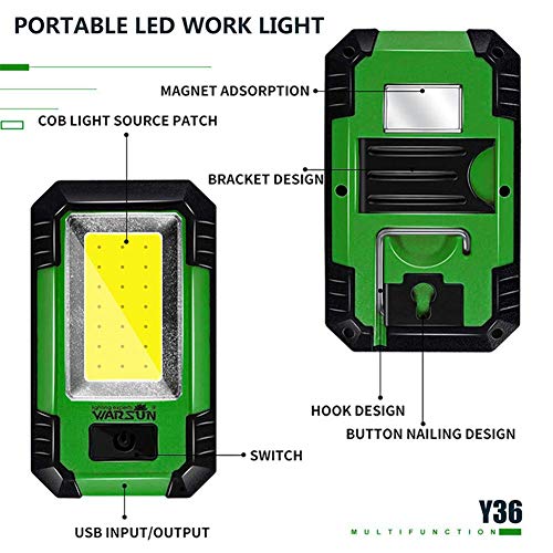 WARSUN Portable LED Rechargeable Work Light,Magnetic Base & Hanging Hook, 30W 1200Lumens Super Bright, 5000K, for Car Repairing, Camping, Hiking, Backpacking, Fishing, Hurricane, GREEN