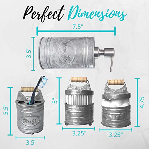 Autumn Alley Rustic Farmhouse Galvanized Bathroom Accessories Set (4 PCS) - Lotion Soap Dispenser, Toothbrush Holder, 2 Apothecary Jars (Qtip Holder) - Rustic Farmhouse Bathroom Decor