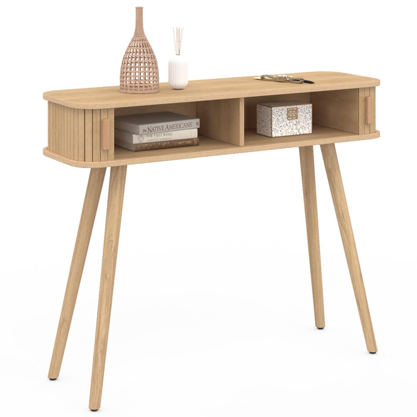 IDMarket - Console 2 Portes coulissantes Romie Lattes tasseau Bois Coloris chêne
