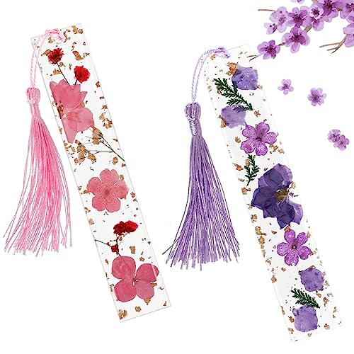 Bookmarks for Women with Tassels NOCHME 2 Pack Epoxy Resin Dried Brightly Colour Real Flower Book Mark with Gold Sprinkles Unique Transparent Page Reading Marker for Lady Girls Pink and Purple