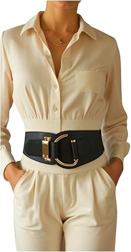 Miniatura 1 de TFJ - Cinturón ancho de moda para mujer con cintura alta hebilla de gancho de metal dorado talla XS S M L Xl