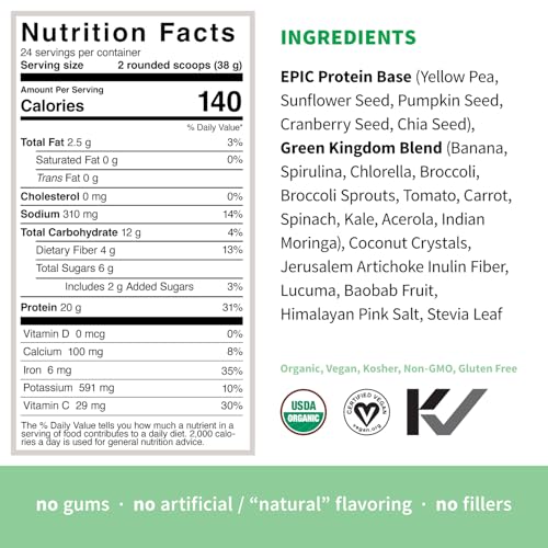 Image of Sprout Living Epic Protein, Plant Based Protein & Superfoods Powder, Green Kingdom | 20 Grams Organic Protein Powder, Greens, Vegan, Non Dairy, Non-GMO, Gluten Free, Low Sugar (2 Pound, 24 Servings)