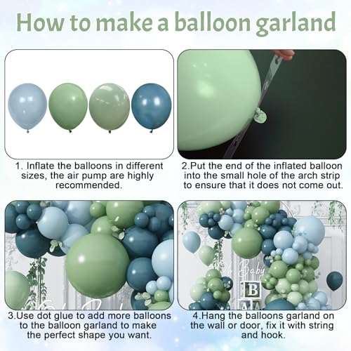 Image of Blue and Green Balloon Arch Kit 107Pcs Dusty Blue Sage Green Balloons Garland Retro Slate Haze Fog Pale Gray Birthday Party Balloons for Boys Rustic Navy Woodland Jungle Baby Shower Decorations