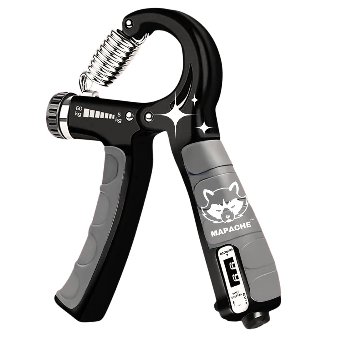 Mapache Counter Hand Gripper For Hand Finger Movements and Exercise, 5-60 kg Counter, Pocket Friendly, Color Black Grey