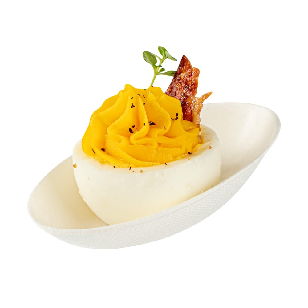 Restaurantware Pulp Safe No PFAS Added 3.2 x 2.1 Inch Tasting Dishes 100 Disposable Dishes - Home Compostable Microwavable And Freezable White Bagasse Food Dishes Egg Shape For Appetizers