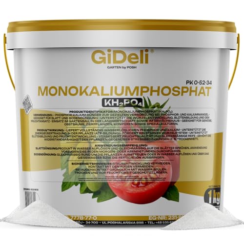 GiDeli Monokaliumphosphat MKP 1kg im Eimer - Phosphor-Dünger mit einem breiten Anwendungsspektrum - Kalium-Nährstoffquelle die den Geschmack von Obst und Gemüse verbessert