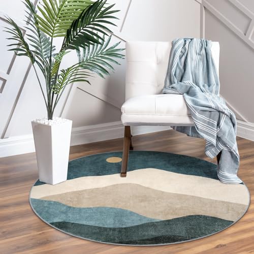 Sungea Alfombra redonda abstracta de 3 pies, bohemia, lavable, antideslizante, para entrada, suave, ultrafina, pequeña, para interiores, dormitorio, baño, lavandería, cocina (azul)