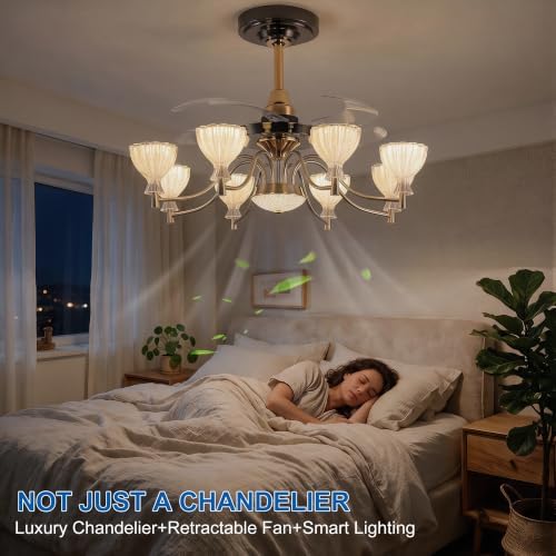 JAYNLT 34" Luxury Fandelier Ceiling Fan with Lights, Retractable Blades - 4