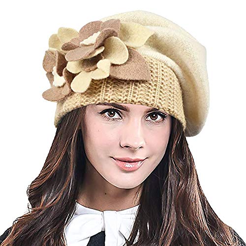 DENVOE French Beret Hat for Women,Wool Beret Chic Beanie Winter Hat (Floral Cream) DENVOE French Beret Hat for Women,Wool Beret Chic Beanie Winter Hat (Floral Cream)