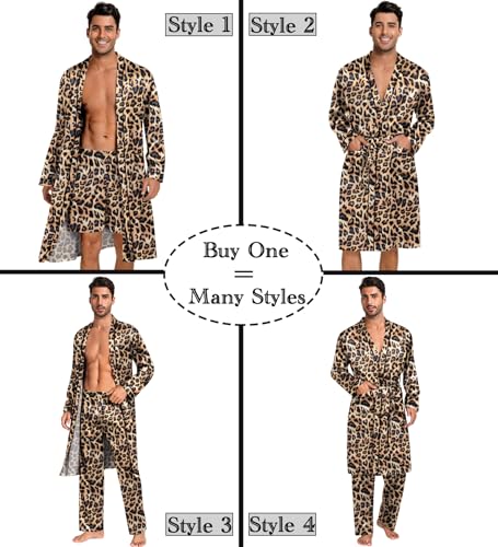 Image of SWOMOG Mens 3 PCS Satin Robe with Pants & Shorts Set Kimono Bathrobe Long Sleeve Sleepwear Pjs Sets with Pockets