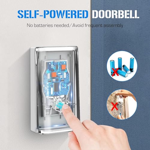 Wireless Doorbell,Self-Powered No Battery Door Bell, IP55 Waterproof Cordless Plug-in Doorbell Kit 2 Receivers, 52 Loud Chimes & 5 Level Volume (0-115dB) & 7 Colors Light for Home, Classroom, Front - Image 3