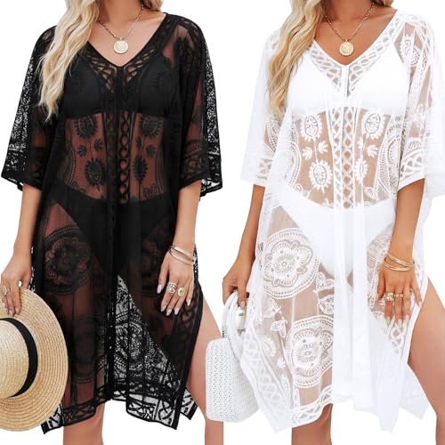 Patelai 2 Pcs Black White Lace Beach Cover up for Women Bathing Suit Cover up V-neck Summer Swimsuit Bikini Coverup for Poolside, Seaside and Party