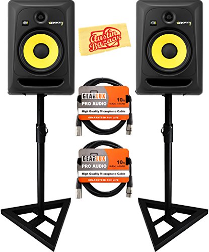 KRK Rokit 8 G3 Studio Monitor Speaker Bundle with Two Monitors, Stands, XLR Cables, and Austin Bazaar Polishing Cloth
