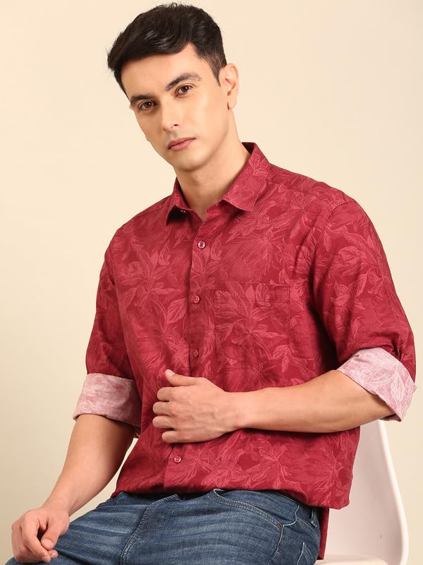 Image of Cavallo by Linen Club Men's Blended Linen Red Printed Contemporary Fit Full Sleeve Casual Shirt