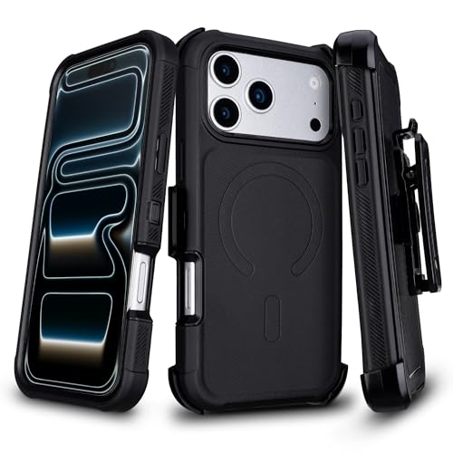 yowtrey for iPhone 17 Pro Case with Belt Clip Holster Compatible with Magsafe Military Grade Drop Protection 2 Layers of Sturdy Heavy Duty Shockproof Cover for iPhone 17Pro Case Rugged Black