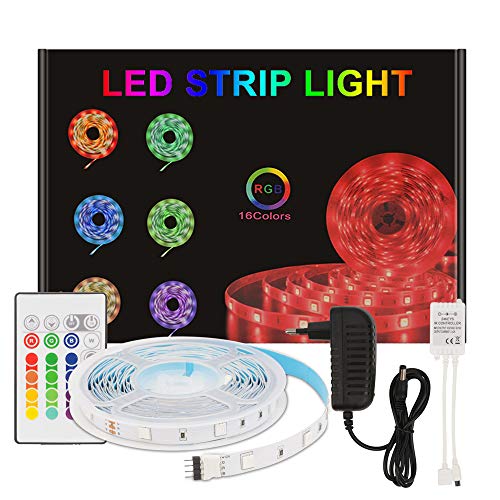 Aourow Tira LED 5m RGB,Tiras LED Flexible con Control Remoto de 24 Teclas y Adaptador de 12V,LED Strip Multicolor 5050 SMD 150 LEDs con Autoadhesivo para Decoración,No Impermeable