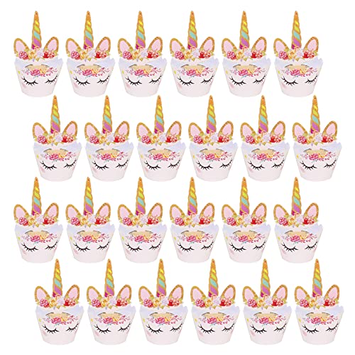 Lahviuu Cupcake Topper Wrapper,24 Set Unicorn Cupcake Toppers Cupcake Wraps Decoracion Tarta Unicornio,para Party Supplies Cake Decorations Niños Niñas Regalo de Fiesta de Cumpleaños