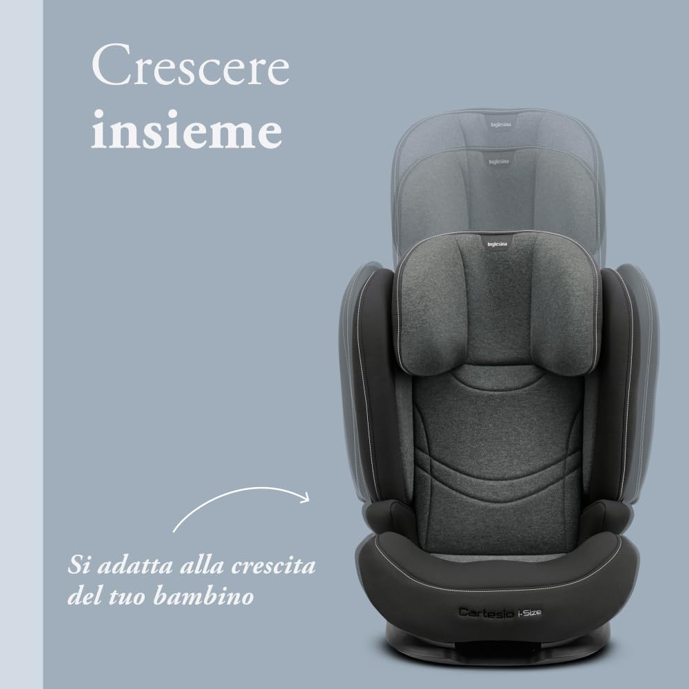 Inglesina Cartesio i-Size Seggiolino Auto, Isofix, per Bambini da 3 a 12 Anni circa, dai 100 ai 150 cm, Vulcan Black