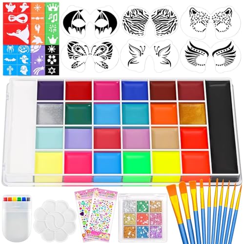 Professional Face Painting Kit 26 Colors Oil Palette Face Paint with 6 Stencils 41 Stencil Stickers 10 Brushes 9 Body Glitter 2 Sheets Adhesive Gems Rainbow Facepaint for Kids Party & Halloween