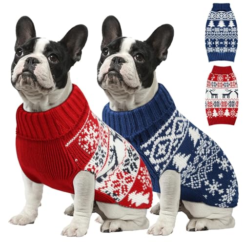 Image of Christmas Dog Sweaters for Small Medium Large Dogs Girl, Soft Warm Pup Dogs Shirt, Turtleneck Double Knitting Collar for Outdoors Playing, Warm Dog Cat Clothes(Red+Blue,XX-Small)