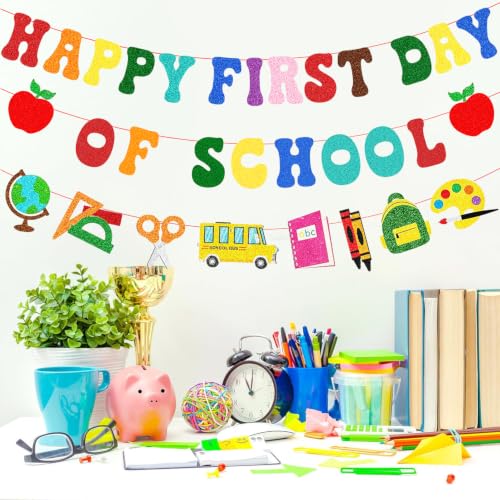 Image of Pre-Strung Happy First Day Of School Banner Decorations, Glitter Back To School Garland for Kindergarten Classroom Bulletin Home Office PreK Teacher Students Party Photo Backdrop Blackboard Decor