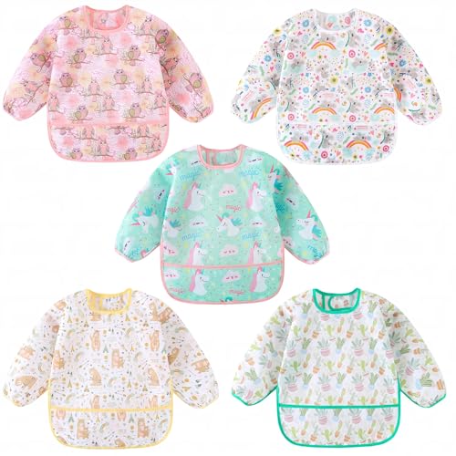 Long Sleeved Bibs, Pack of 5,Lightweight Waterproof Shirt Bibs for Baby Toddler 6-30 Months