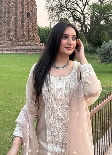 Image of Royal Export Women's Chanderi Ethnic Motif Embroidered Kurta Pant with Organza Dupatta