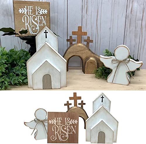 BFYDOAA 4Pcs Wooden Jesus Signs Easter Tiered Tray Items Rustic Nativity Scene Decor Set for Easter Scene,Religion,Church