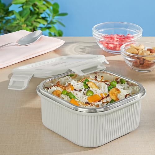 Image of Larah by BOROSIL Freshbyte Food Storage Container with Airtight Stainless Steel Lid | Fridge Container for Lunchbox | Food Grade | Microwave Safe (Grey, 250 ml, Square)