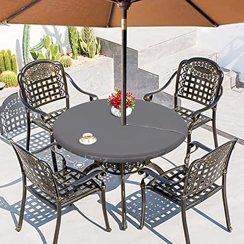 LUSHVIDA Round Outdoor Tablecloth with Umbrella Hole - Waterproof and Stain Resistant Flannel Backed Vinyl Fitted Table Cover Elastic Edged Table Cover, Fits Tables up to 36"-44" Diameter, Light Grey Cover