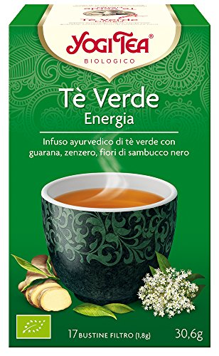 Yogi Tea, Té Verde Energía - Infusión Ayurvédica - Mezcla de Té Verde, Guaraná, Jengibre y Flor de Saúco - 17 bolsitas (30,6g)